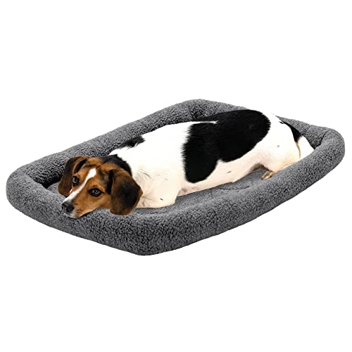 Furhaven Dog Bed for Medium/Small Dogs & Indoor Cats, 100% Washable, Sized to Fit Crates - Sherpa Fleece Bolster Crate Pad - Gray, Medium