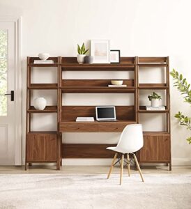 modway bixby 3-piece home office desk and bookshelf display case in walnut