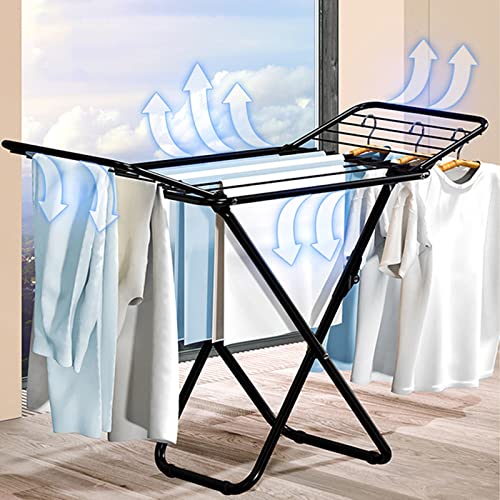 Serchou Double Wings Drying Rack Indoor Folding Hanger Household Wrought Iron Painting Floor Coat Rack, Black