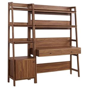 modway 2-piece home office desk and bookshelf display case in walnut