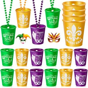 24 pieces mardi gras shot glass on beaded necklace mardi gras plastic cups fun shot glasses for mardi gras party supplies, 3 styles
