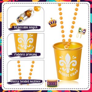 24 Pieces Mardi Gras Shot Glass on Beaded Necklace Mardi Gras Plastic Cups Fun Shot Glasses for Mardi Gras Party Supplies, 3 Styles