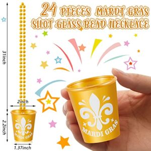 24 Pieces Mardi Gras Shot Glass on Beaded Necklace Mardi Gras Plastic Cups Fun Shot Glasses for Mardi Gras Party Supplies, 3 Styles