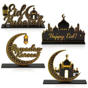 watinc 4pcs ramadan kareem wooden table topper centerpiece decorations, happy eid mubarak party wood tiered tray signs table decor, al-fitr black gold detachable tabletop supplies for home kitchen