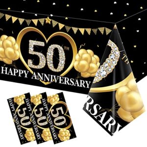 eiurteao 3 pack 50th anniversary tablecloth decorations, black gold happy 50th wedding anniversary table cover party supplies, fifty years anniversary plastic disposable rectangular table cloth decor