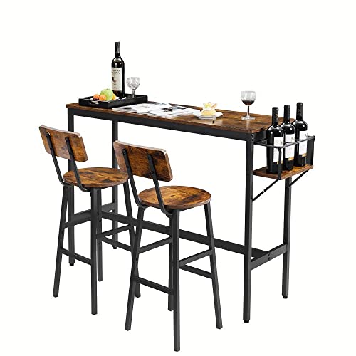 Hosnnile Bar Table Set for 2 with Folding Wine Holder, Pub Bistro Dinning Table and Stools with Backrest, Counter Height Bar Table Set for Apartment, Kitchen, Small Space