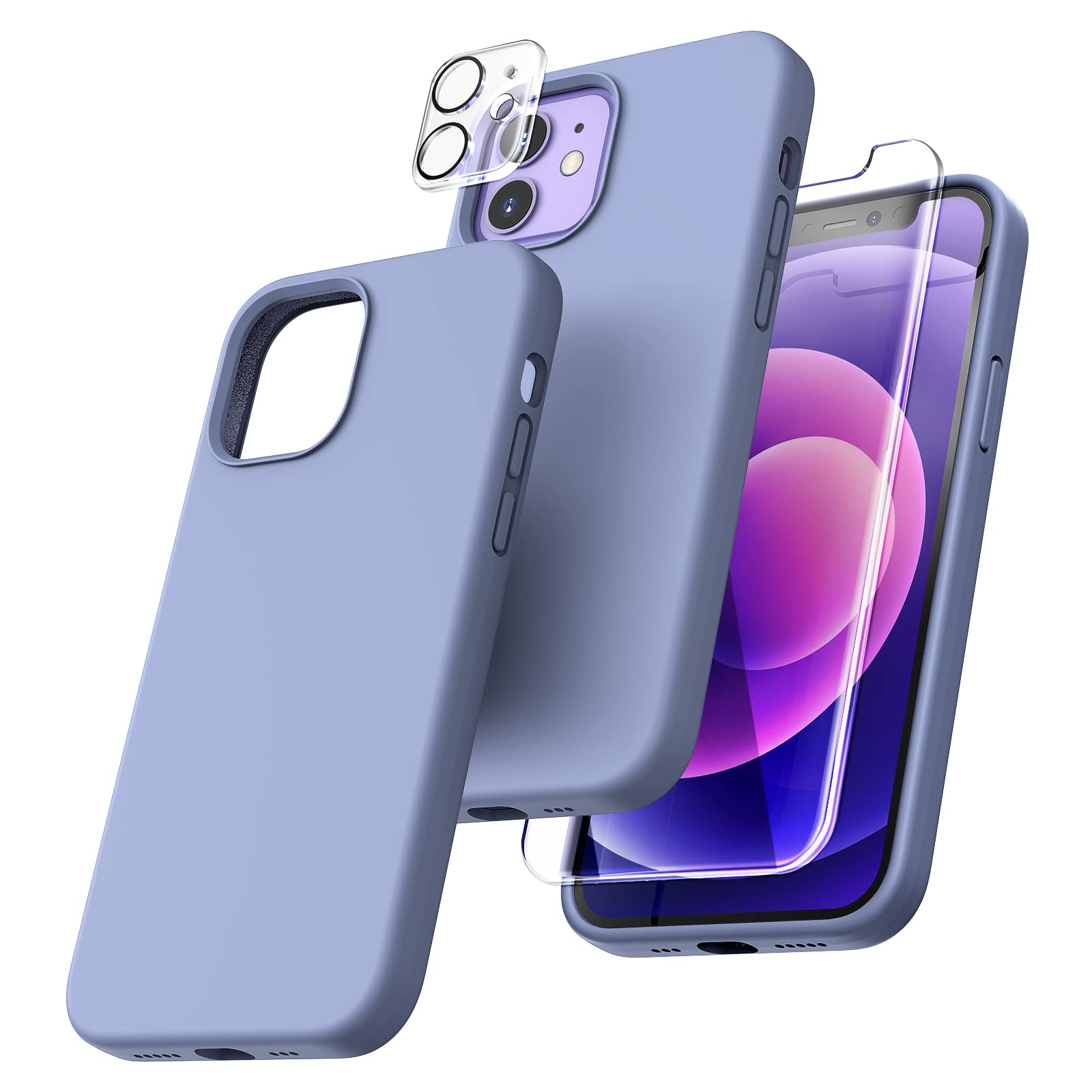 TOCOL [5 in 1 for iPhone 12 Case, for iPhone 12 Pro Case, with 2 Pack Screen Protector + 2 Pack Camera Lens Protector, Silicone Shockproof Phone Case [Anti-Scratch] [Drop Protection], Lavender Gray