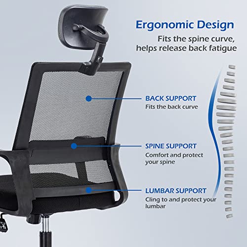 T-THREE. Adjustable headrest Office Chair Ergonomic Mesh Swivel Chair Office Chair Desk Chair Lumbar Support Height Adjustable 360°Swivel Rocking Function Mesh Back Seat for Home Office(Black)