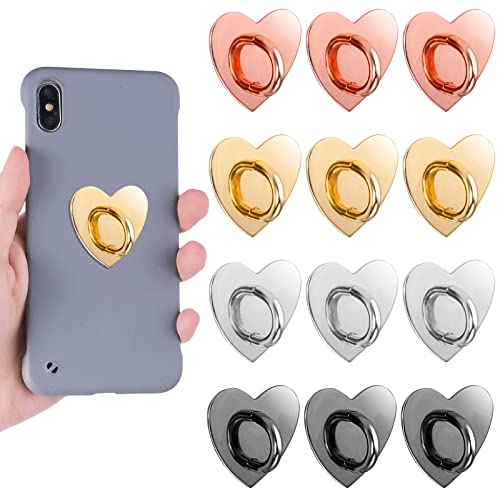 12 Pieces Phone Charm Hook, Cell Phone Finger Ring Phone Keychain Ring Adhesive Metal Phone Finger Grip Loop Stand Heart Holder for DIY Phone Case Pad Tablet Supplies (Gold Silver Rose Gold Black)