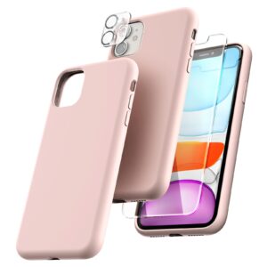 TOCOL 5 in 1 Designed for iPhone 11 Case, with 2 Pack Screen Protector + 2 Pack Camera Lens Protector, Liquid Silicone Slim [Anti-Scratch] [Drop Protection] for iPhone 11 Phone Case, Pink