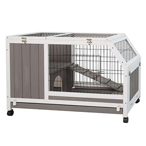 Petscosset Rabbit Hutch Indoor - Rabbit Cage Indoor Rabbit Hutch Two Story Bunny Cage Wooden Rabbit Cage on Wheels, Ramp, Two Deep No Leak Pull Out Tray (RAB Hutch 08 Grey)