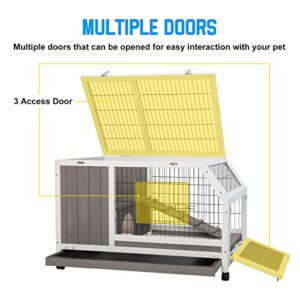 Petscosset Rabbit Hutch Indoor - Rabbit Cage Indoor Rabbit Hutch Two Story Bunny Cage Wooden Rabbit Cage on Wheels, Ramp, Two Deep No Leak Pull Out Tray (RAB Hutch 08 Grey)