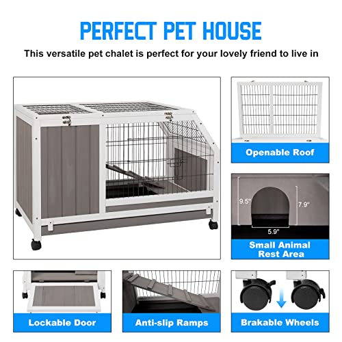 Petscosset Rabbit Hutch Indoor - Rabbit Cage Indoor Rabbit Hutch Two Story Bunny Cage Wooden Rabbit Cage on Wheels, Ramp, Two Deep No Leak Pull Out Tray (RAB Hutch 08 Grey)