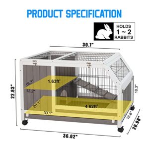 Petscosset Rabbit Hutch Indoor - Rabbit Cage Indoor Rabbit Hutch Two Story Bunny Cage Wooden Rabbit Cage on Wheels, Ramp, Two Deep No Leak Pull Out Tray (RAB Hutch 08 Grey)