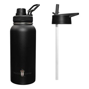 32oz double walled vacuum insulated stainless steel water bottle with two lids, 32 ounce powder coated mug (black)