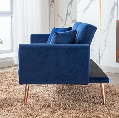 HBHM Velvet Accent Sofa, Loveseat Mid Century Modern Velvet Fabric Couch, Convertible Futon Sofa Bed, Recliner Couch Accent Sofa Loveseat Sofa with Gold Metal Feet (Blue, OneSize)