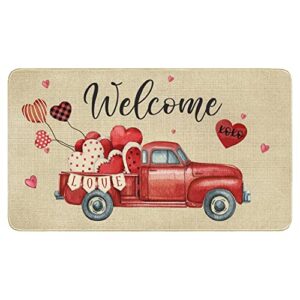 valentines day door mat,valentines hearts truck floor mat welcome mat bath rugs, non-slip&absorbent front door mat, washable floor doormat for entryway, patio, porch 16x24inch