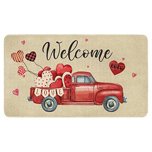 Valentines Day Door Mat,Valentines Hearts Truck Floor Mat Welcome Mat Bath Rugs, Non-Slip&Absorbent Front Door Mat, Washable Floor Doormat for Entryway, Patio, Porch 16x24inch