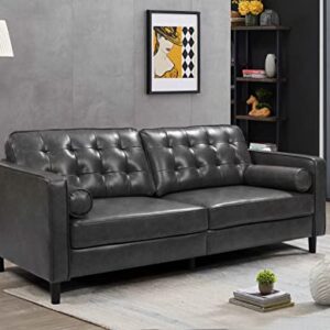 ATY 3-Seater Leather Sofa with Two Bolster Pillows and Tufted Backrest, Mid-Century Modern Couch, Luxury Style for Apartment, Meetingroom, Livingroom, 85inch, Dark Gray