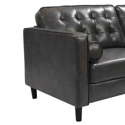 ATY 3-Seater Leather Sofa with Two Bolster Pillows and Tufted Backrest, Mid-Century Modern Couch, Luxury Style for Apartment, Meetingroom, Livingroom, 85inch, Dark Gray