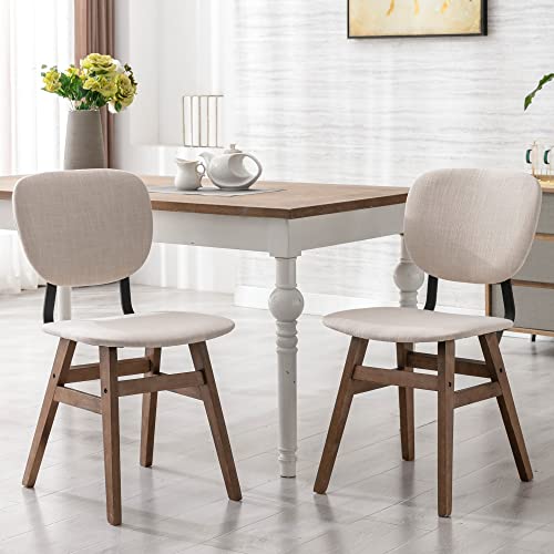 Mid Century Modern Dining Chairs Set of 2, Linen Upholstered Kitchen Chairs with Hardwood Legs and Back Farmhouse Accent Side Dining Room Chairs, Cream