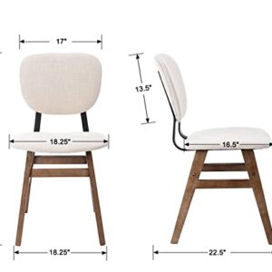 Mid Century Modern Dining Chairs Set of 2, Linen Upholstered Kitchen Chairs with Hardwood Legs and Back Farmhouse Accent Side Dining Room Chairs, Cream