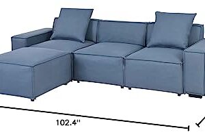 ATY L Shaped Sectional Sofa with Removable Ottomans and 2 Pillows, Living Room Polyester Couch w/Low Backrest & Wide Armrest, for Home, Apartment, Office, Livingroom, Blue Gray