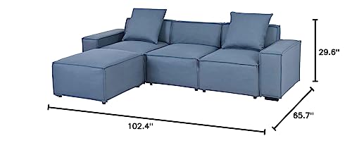 ATY L Shaped Sectional Sofa with Removable Ottomans and 2 Pillows, Living Room Polyester Couch w/Low Backrest & Wide Armrest, for Home, Apartment, Office, Livingroom, Blue Gray