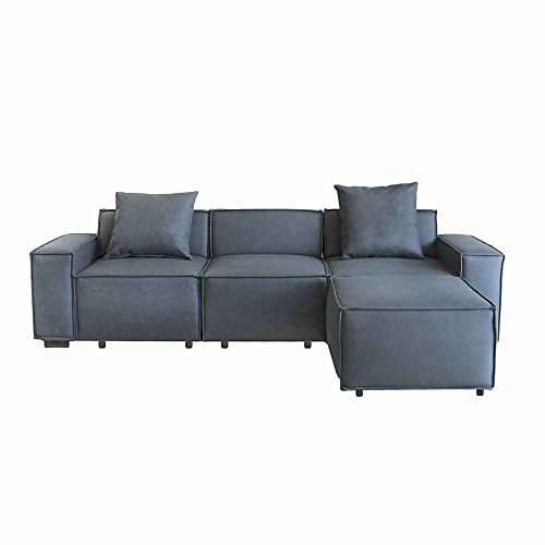 ATY L Shaped Sectional Sofa with Removable Ottomans and 2 Pillows, Living Room Polyester Couch w/Low Backrest & Wide Armrest, for Home, Apartment, Office, Livingroom, Blue Gray