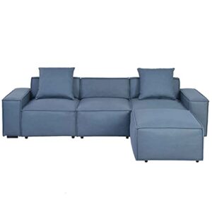 ATY L Shaped Sectional Sofa with Removable Ottomans and 2 Pillows, Living Room Polyester Couch w/Low Backrest & Wide Armrest, for Home, Apartment, Office, Livingroom, Blue Gray