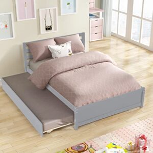 full size bed with trundle , solid wood full platform bed with pull out trundle bed for kids girls boys ,no box spring needed