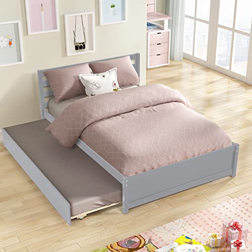 Full Size Bed with Trundle , Solid Wood Full Platform Bed with Pull Out Trundle Bed for Kids Girls Boys ,No Box Spring Needed