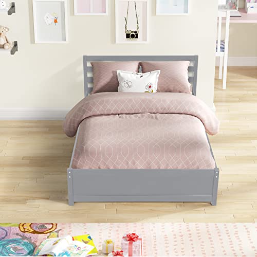 Full Size Bed with Trundle , Solid Wood Full Platform Bed with Pull Out Trundle Bed for Kids Girls Boys ,No Box Spring Needed