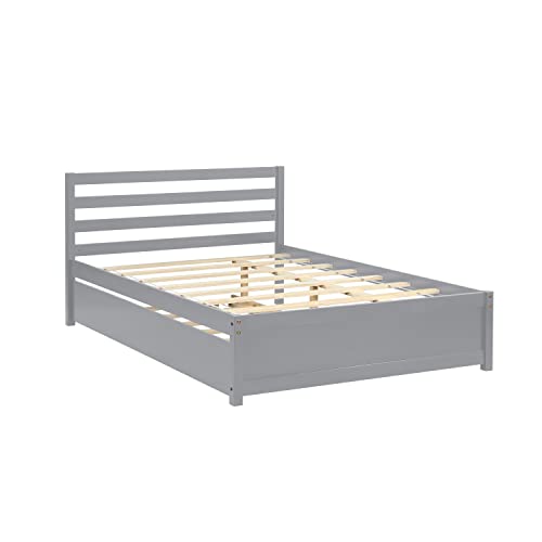 Full Size Bed with Trundle , Solid Wood Full Platform Bed with Pull Out Trundle Bed for Kids Girls Boys ,No Box Spring Needed