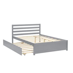 Full Size Bed with Trundle , Solid Wood Full Platform Bed with Pull Out Trundle Bed for Kids Girls Boys ,No Box Spring Needed