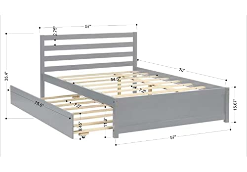 Full Size Bed with Trundle , Solid Wood Full Platform Bed with Pull Out Trundle Bed for Kids Girls Boys ,No Box Spring Needed