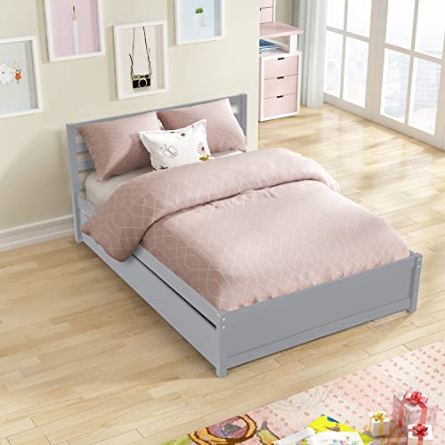 Full Size Bed with Trundle , Solid Wood Full Platform Bed with Pull Out Trundle Bed for Kids Girls Boys ,No Box Spring Needed