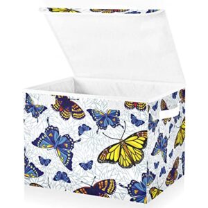 innewgogo Blue Yellow Butterflies Storage Bins with Lids for Organizing Dust-proof Storage Bins with Handles Oxford Cloth Storage Cube Box for Living Room