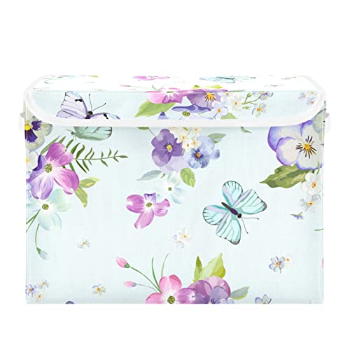 innewgogo Flowers Butterflies Storage Bins with Lids for Organizing Collapsible Storage Cube Bin with Handles Oxford Cloth Storage Cube Box for Room