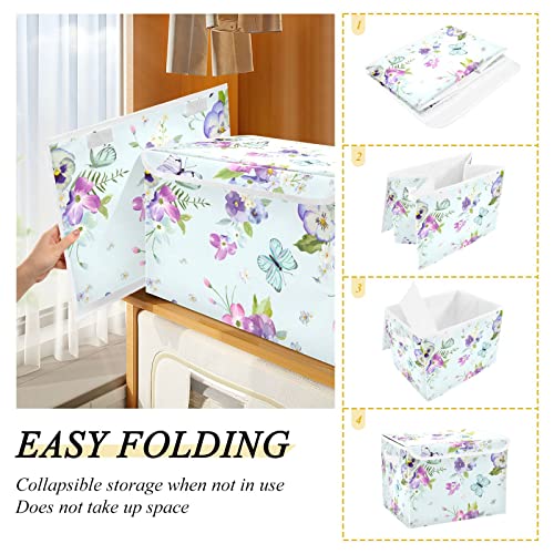 innewgogo Flowers Butterflies Storage Bins with Lids for Organizing Collapsible Storage Cube Bin with Handles Oxford Cloth Storage Cube Box for Room