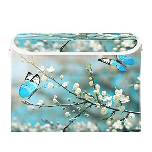 innewgogo Cherry Blossom Butterfly Storage Bins with Lids for Organizing Foldable Storage Box With Lid with Handles Oxford Cloth Storage Cube Box for Toys