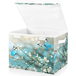 innewgogo Cherry Blossom Butterfly Storage Bins with Lids for Organizing Foldable Storage Box With Lid with Handles Oxford Cloth Storage Cube Box for Toys