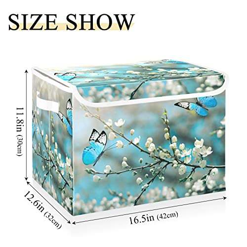 innewgogo Cherry Blossom Butterfly Storage Bins with Lids for Organizing Foldable Storage Box With Lid with Handles Oxford Cloth Storage Cube Box for Toys