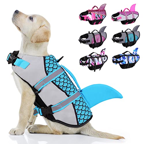 ASENKU Dog Life Jackets, Ripstop Dog Life Vest with Reflective Strip,Dog Shark Life Jackets Dog Lifesavers Swimsuits for Swimming Boating, Blue Shark S