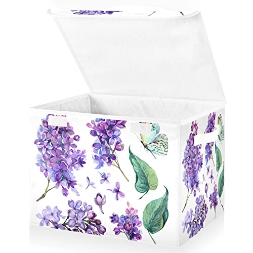 innewgogo Purple Flower Butterfly Storage Bins with Lids for Organizing Baskets Cube with Cover with Handles Oxford Cloth Storage Cube Box for Dog Toys