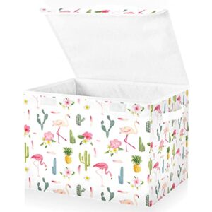 innewgogo Tropical Flamingo Cactus Storage Bins with Lids for Organizing Large Collapsible Storage Bins with Handles Oxford Cloth Storage Cube Box for Home