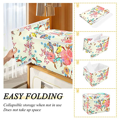 innewgogo Flowers Birds Butterflies Storage Bins with Lids for Organizing Foldable Storage Box With Lid with Handles Oxford Cloth Storage Cube Box for Car