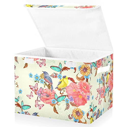 innewgogo Flowers Birds Butterflies Storage Bins with Lids for Organizing Foldable Storage Box With Lid with Handles Oxford Cloth Storage Cube Box for Car