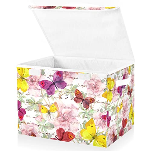 innewgogo Flowers Butterflies Storage Bins with Lids for Organizing Storage Baskets with Handles Oxford Cloth Storage Cube Box for Room