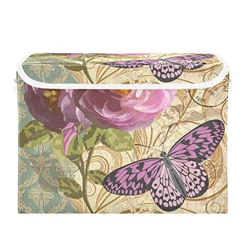 innewgogo Vintage Flowers Butterfly Storage Bins with Lids for Organizing Cube Cubby with Handles Oxford Cloth Storage Cube Box for Toys